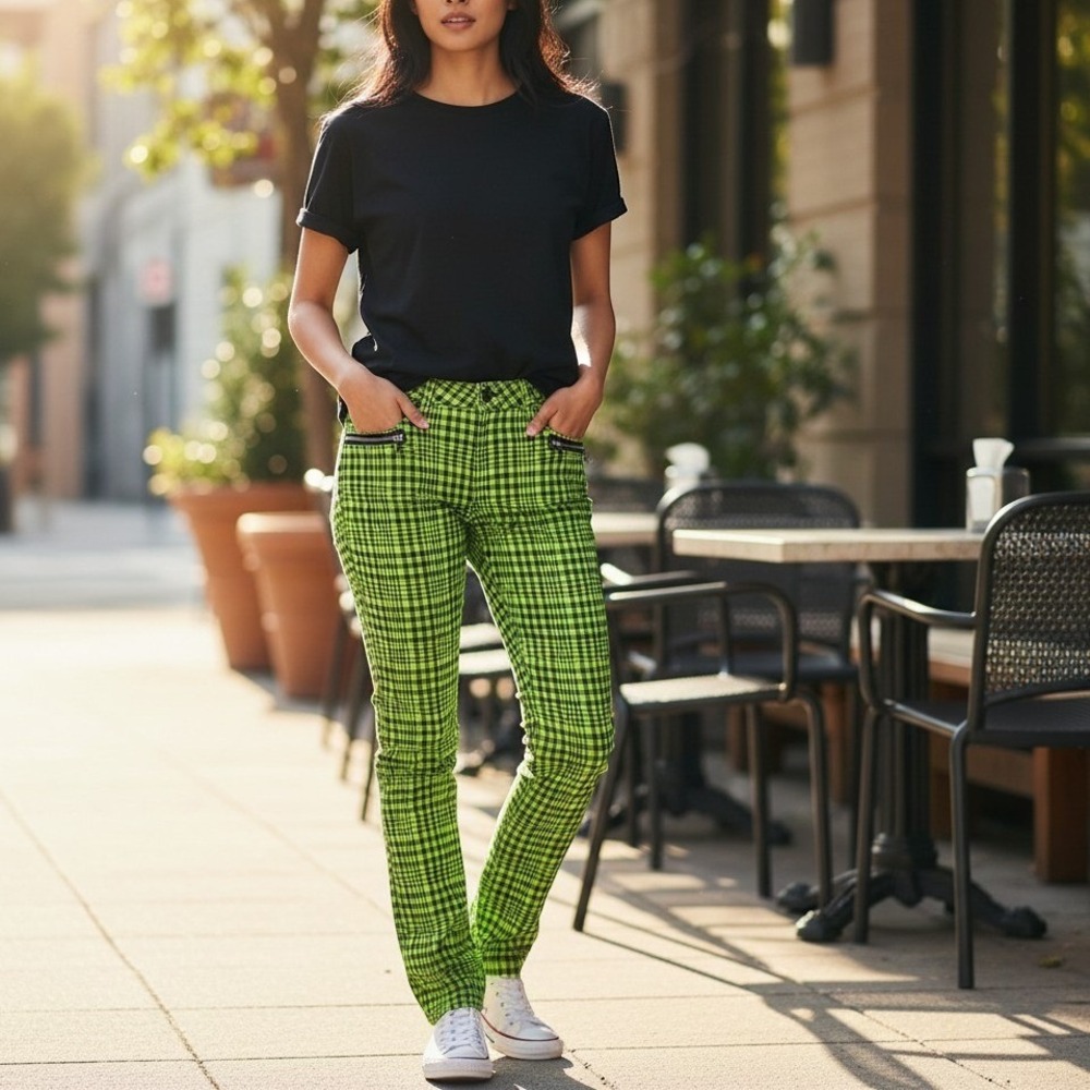 Tripp NYC Neon Green Black Plaid Skinny Jeans Skull Zipper NJ2560P Women 5